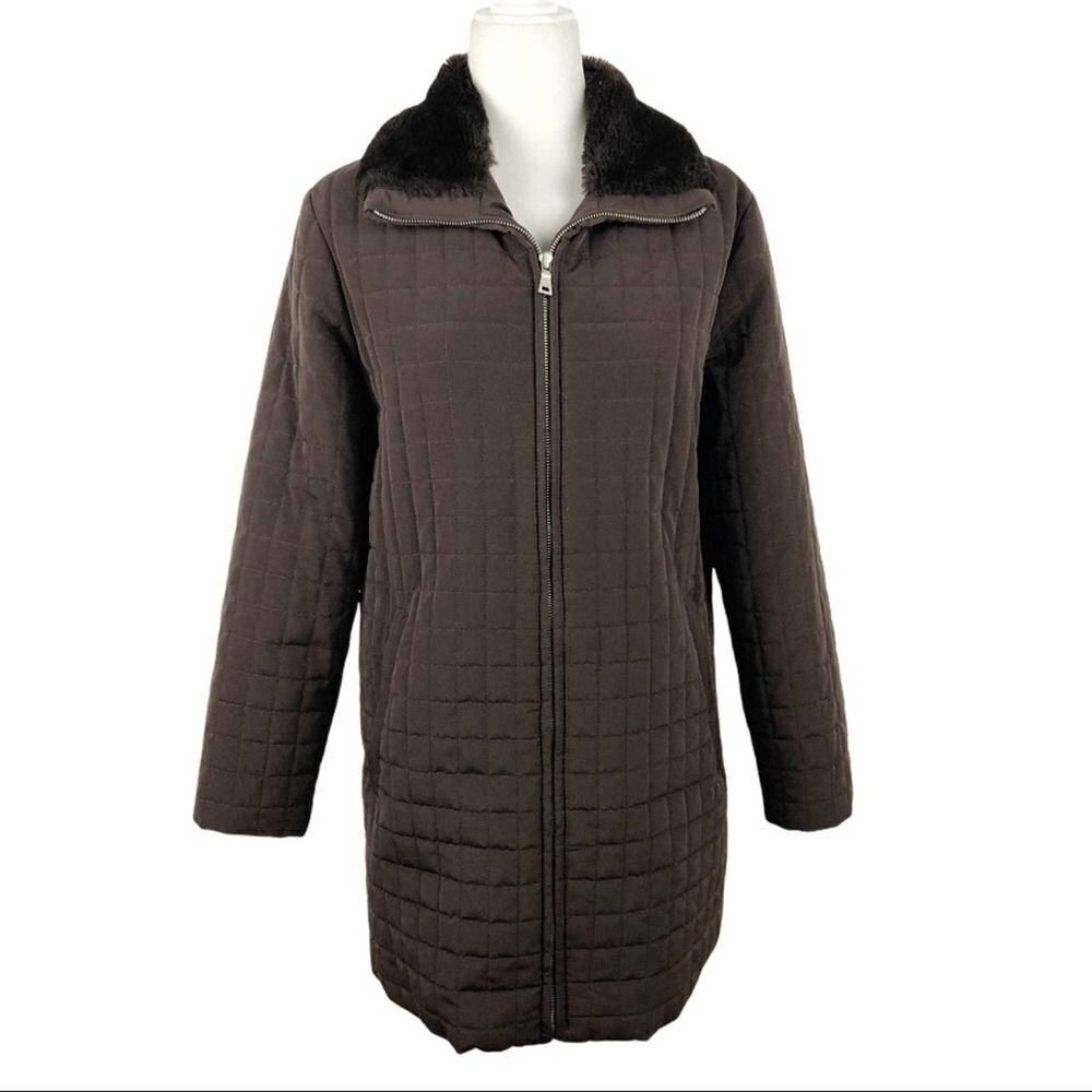 Marc NY Brown Quilted Long Coat Jacket Faux Fur Collar XS Thermolite Neutral
